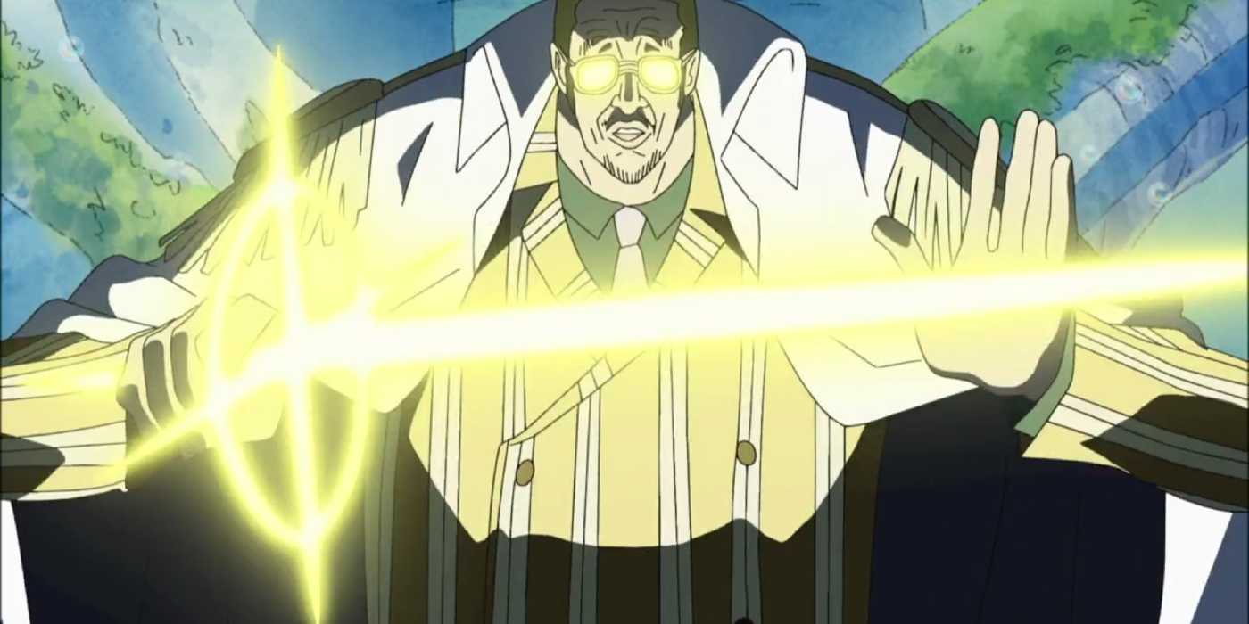 Kizaru brandit une épée de lumière lors de son combat avec Silvers Rayleigh dans One Piece.