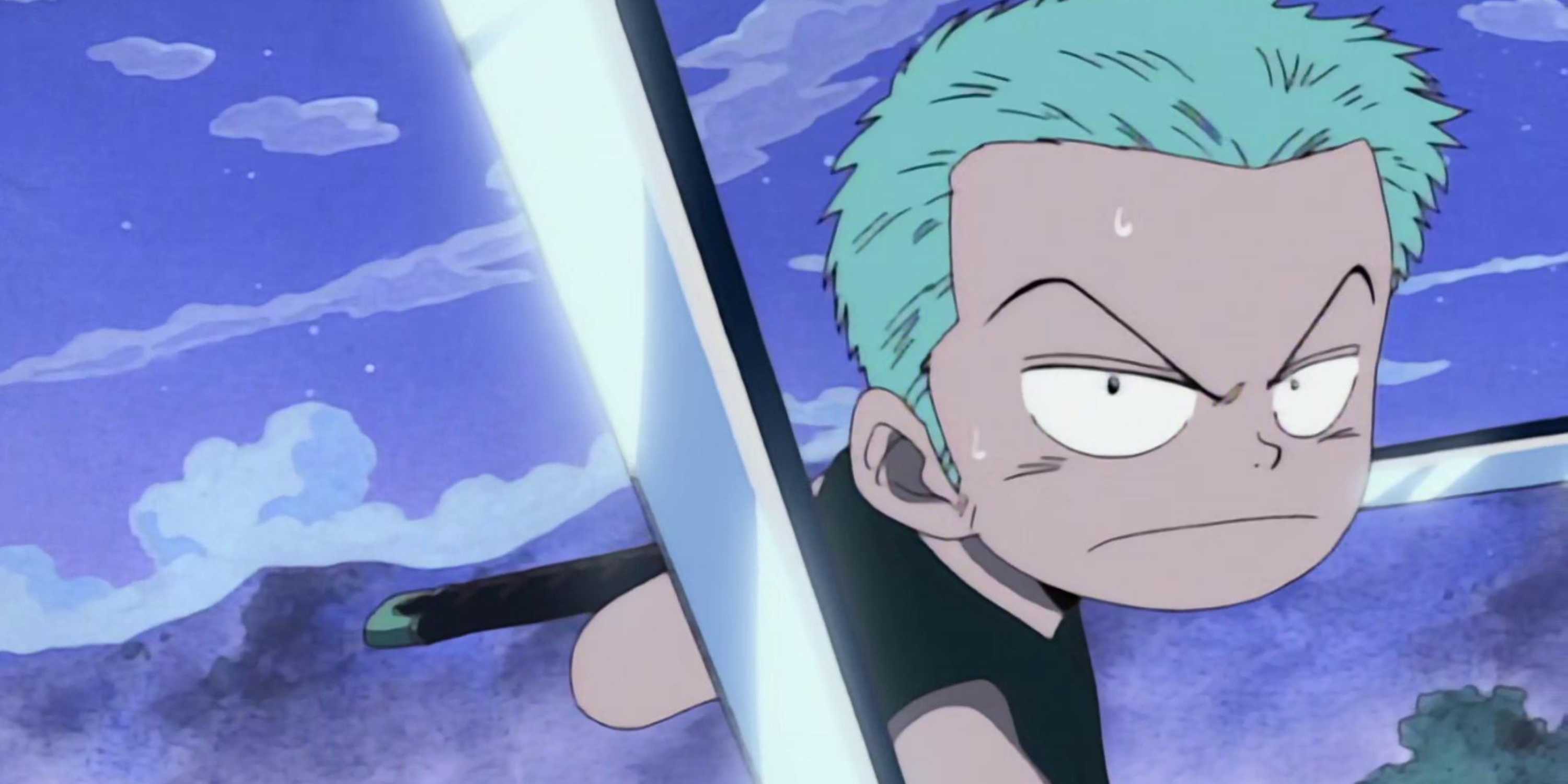 Roronoa Zoro, enfant, se prépare pour son duel contre Shimotsuki Kuina lors d'un flash-back dans l'arc Syrup Village de One Piece.