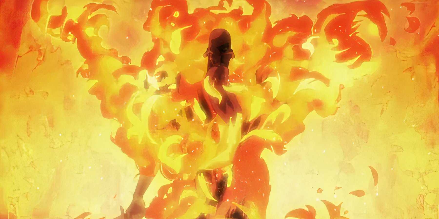 Yamamoto est entouré des flammes de son Bankai dans Bleach : The Thousand-Year Blood War.