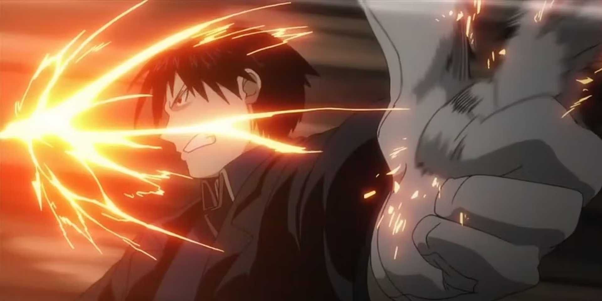 Roy Mustang utilise son alchimie des flammes pour tuer l'envie dans Fullmetal Alchemist : Brotherhood.
