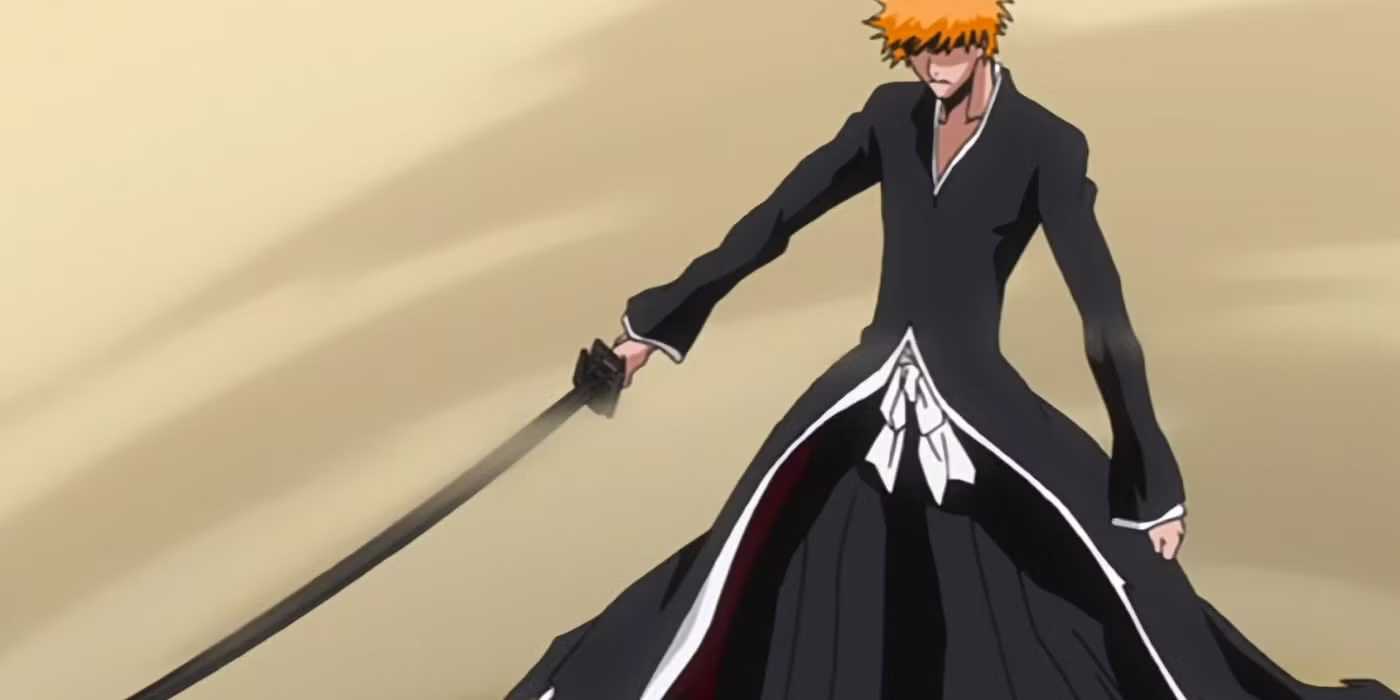 Ichigo brandit son Bankai dans Bleach avec un visage ombragé sur un fond sablonneux