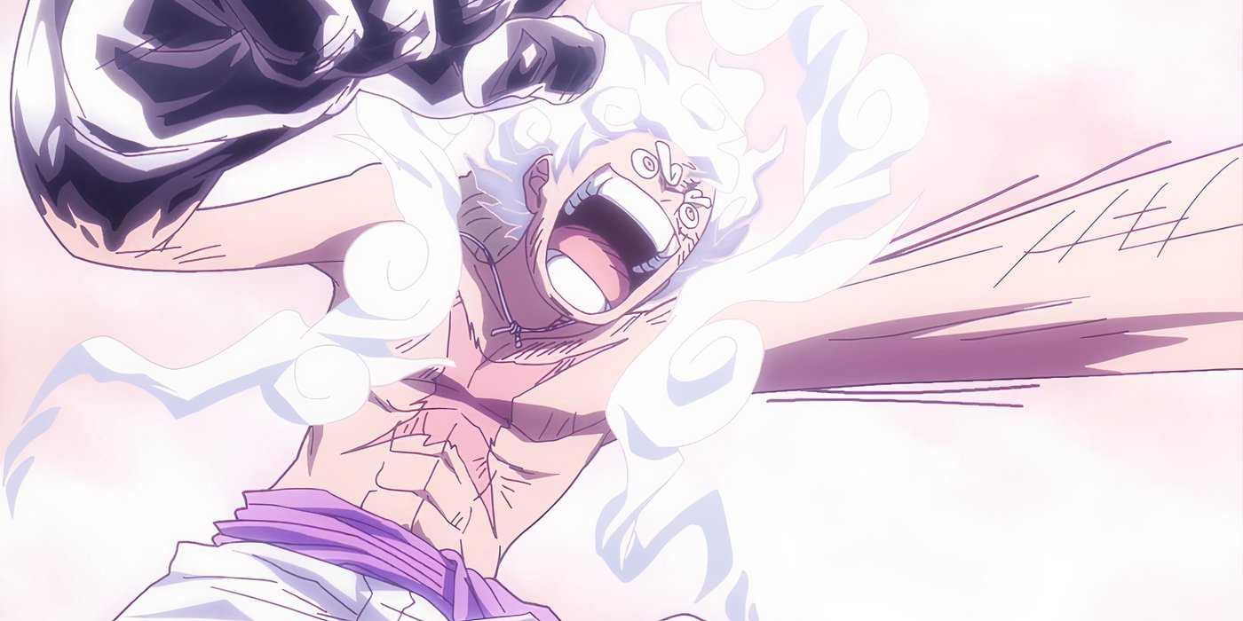 Gear 5 Monkey D. Luffy donne des coups de poing à l'amiral Kizaru lors de l'incident Egghead dans l'épisode 1141 de One Piece.