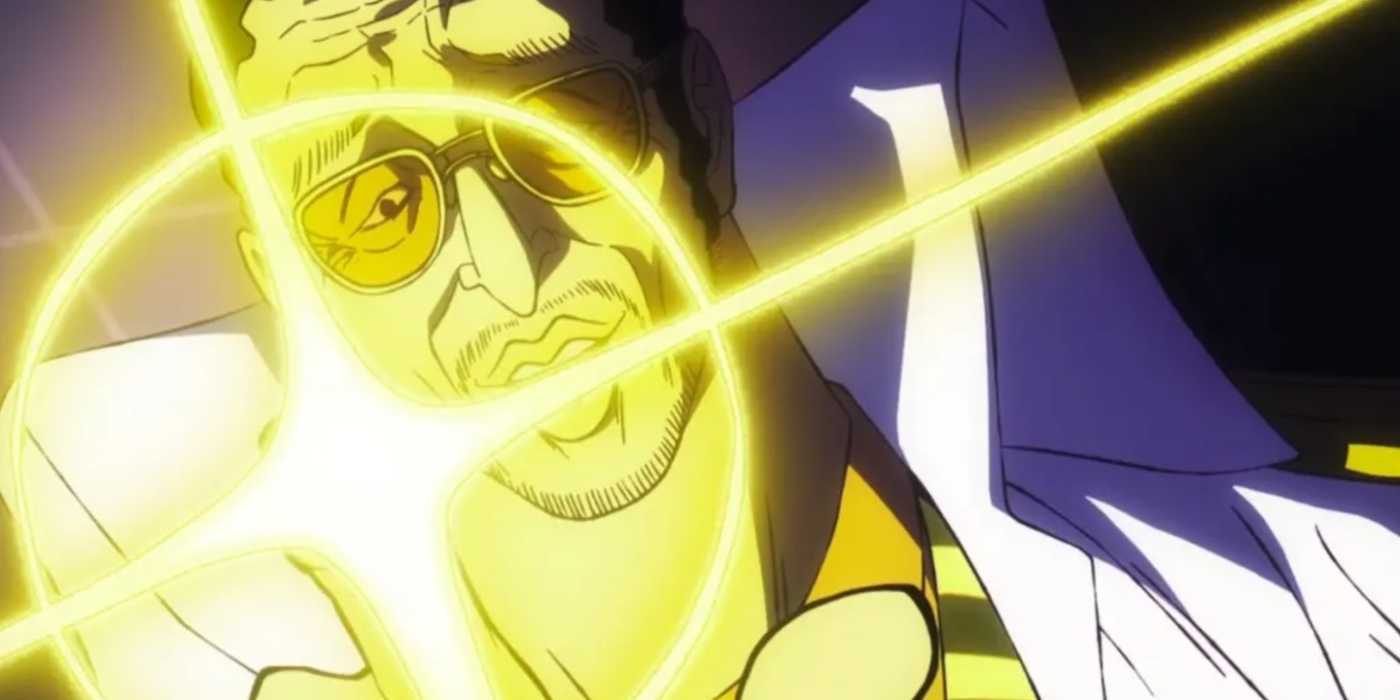 L'amiral Kizaru se prépare à utiliser le fruit Glint-Glint pour tirer un laser de son doigt sur Luffy lors de l'incident Egghead dans One Piece.