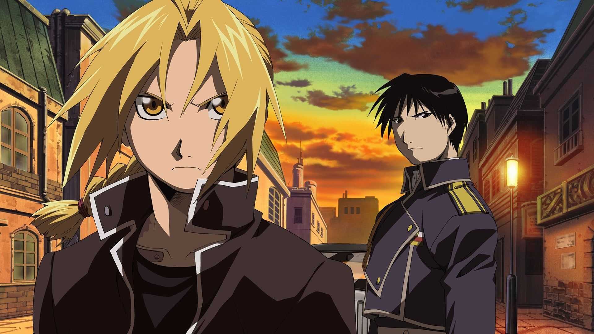 Edward Elric et Roy Mustang ensemble au coucher du soleil dans Fullmetal Alchemist : Brotherhood.