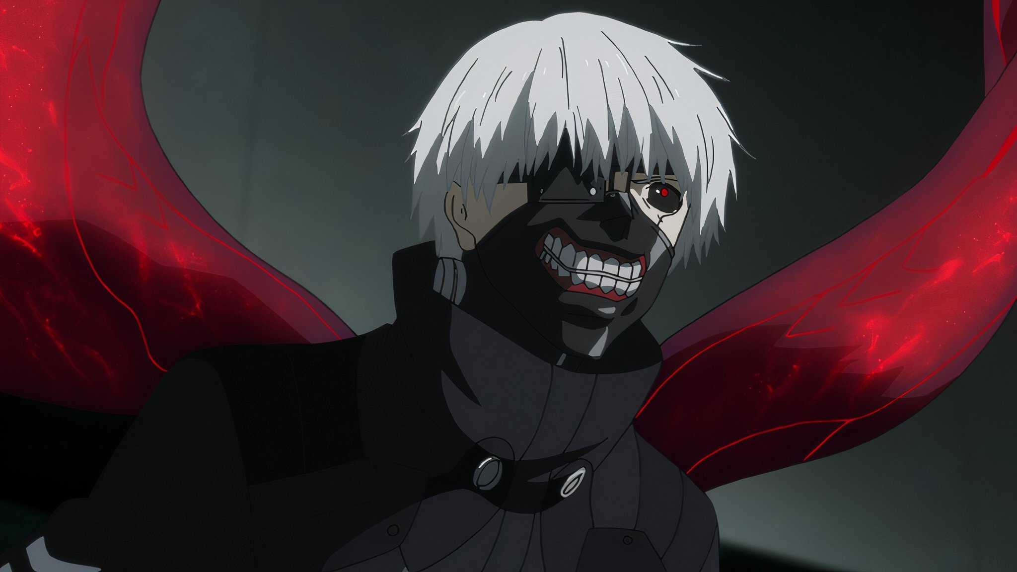 Kaneki Ken in his ghoul form with tails out in Tokyo Ghoul Season 2.