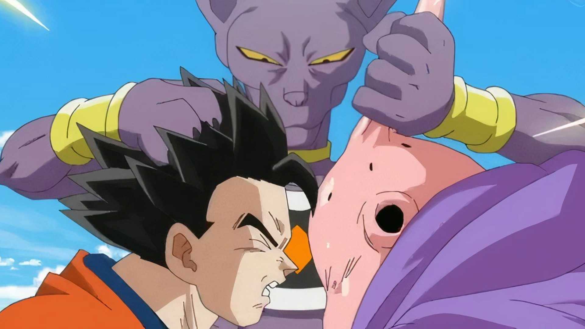 Dragon Ball Super Beerus écrase les visages de Gohan et Buu ensemble pendant la bataille