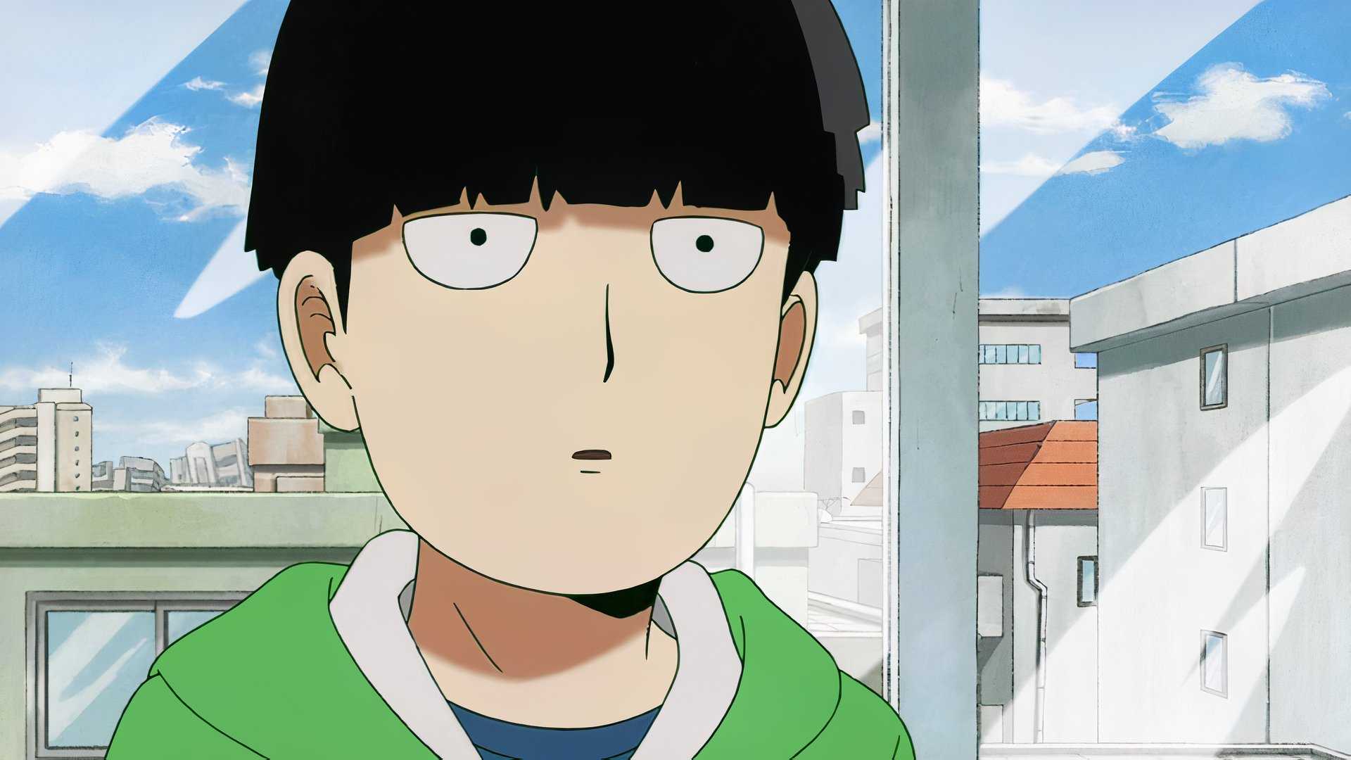 Mob de Mob Psycho 100 porte un sweat à capuche vert devant une fenêtre