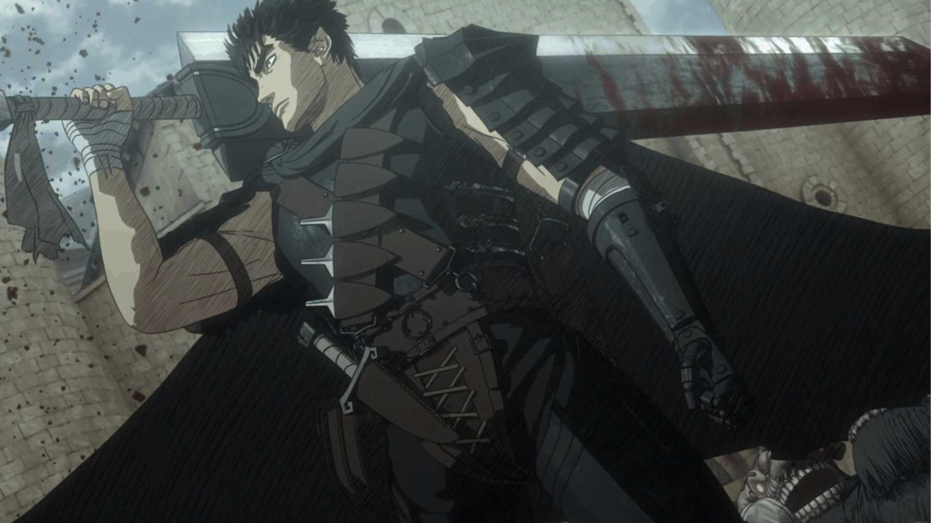 Guts posant avec le Dragon Slayer dans l'anime Berserk