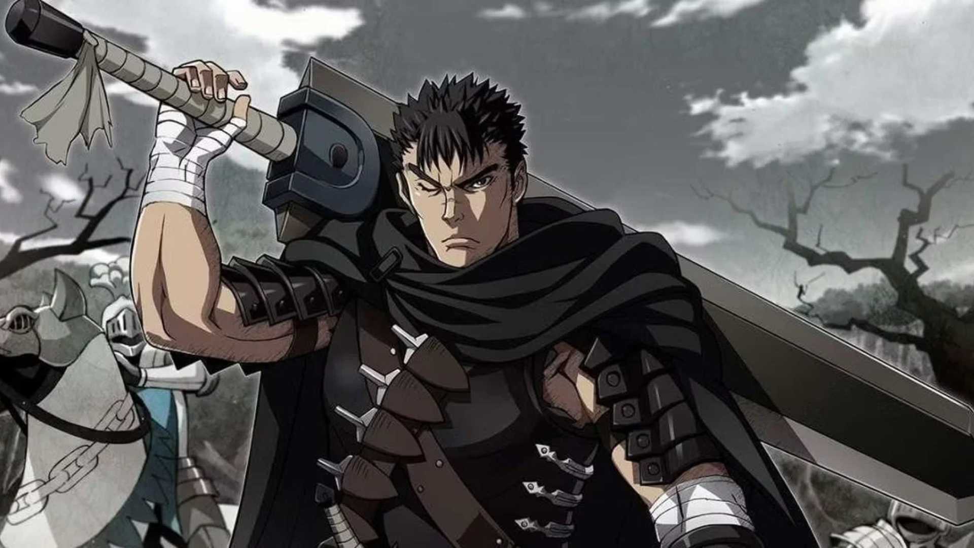 Guts posant avec le Dragon Slayer dans l'anime Berserk