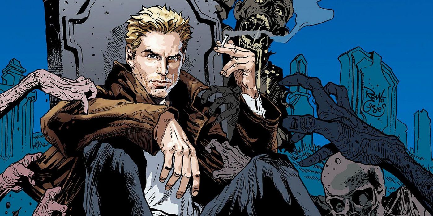 John Constantine sentado e fumando um French Silk em um cemitério na DC Comics