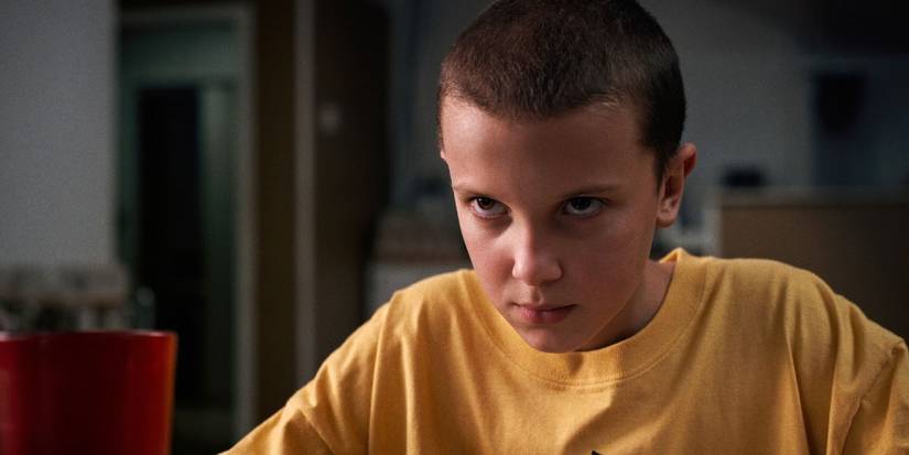 Eleven looking serious in Stranger Things