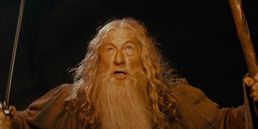 Gandalf stands in front of the Balrog with his staff and sword raised in defiance.