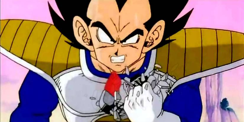 Vegeta serrant les dents et écrasant son éclaireur après avoir crié "C'est plus de 9 000 !" dans Dragon Ball Z