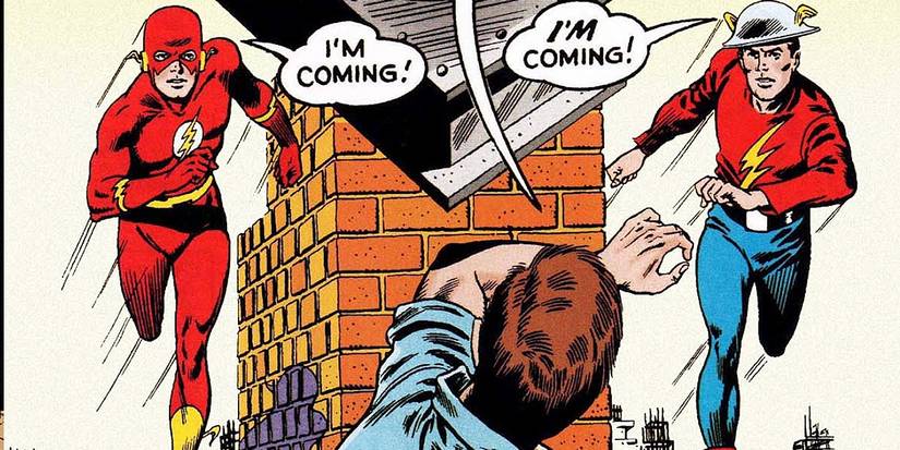 An image of Barry Allen's Flash and Jay Garrick's Flash running to save the same c...