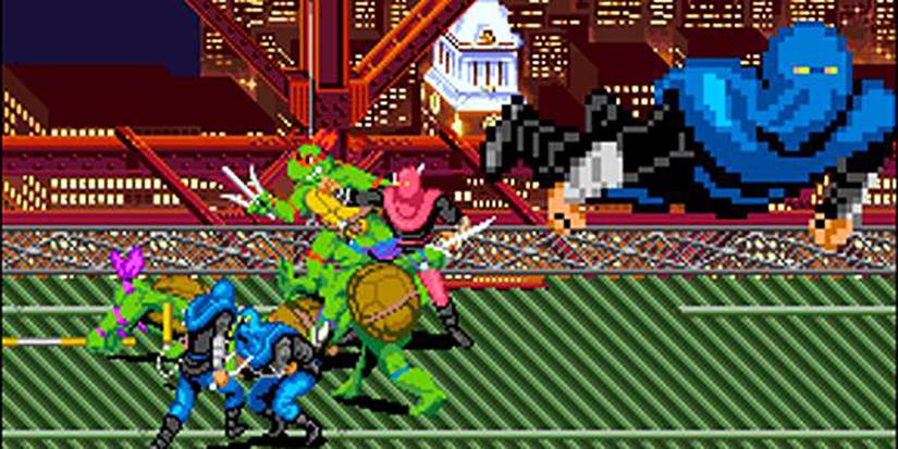 Teenage Mutant Ninja Turtles: Turtles in Time gameplay on the SNES depicts the turtles in combat.