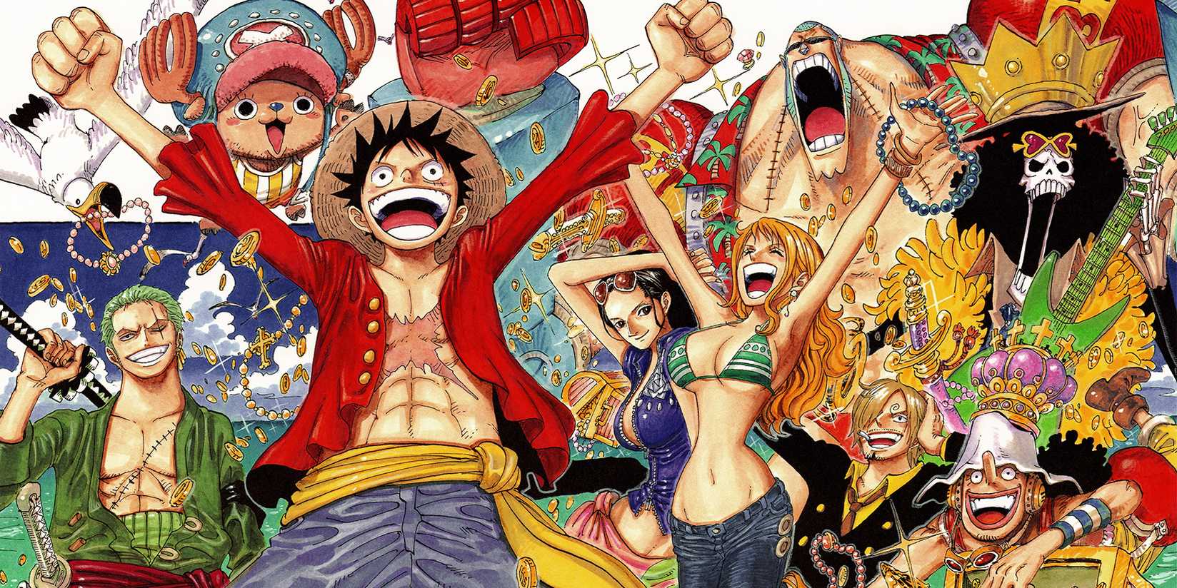 The manga characters of One Piece assembled into a collage