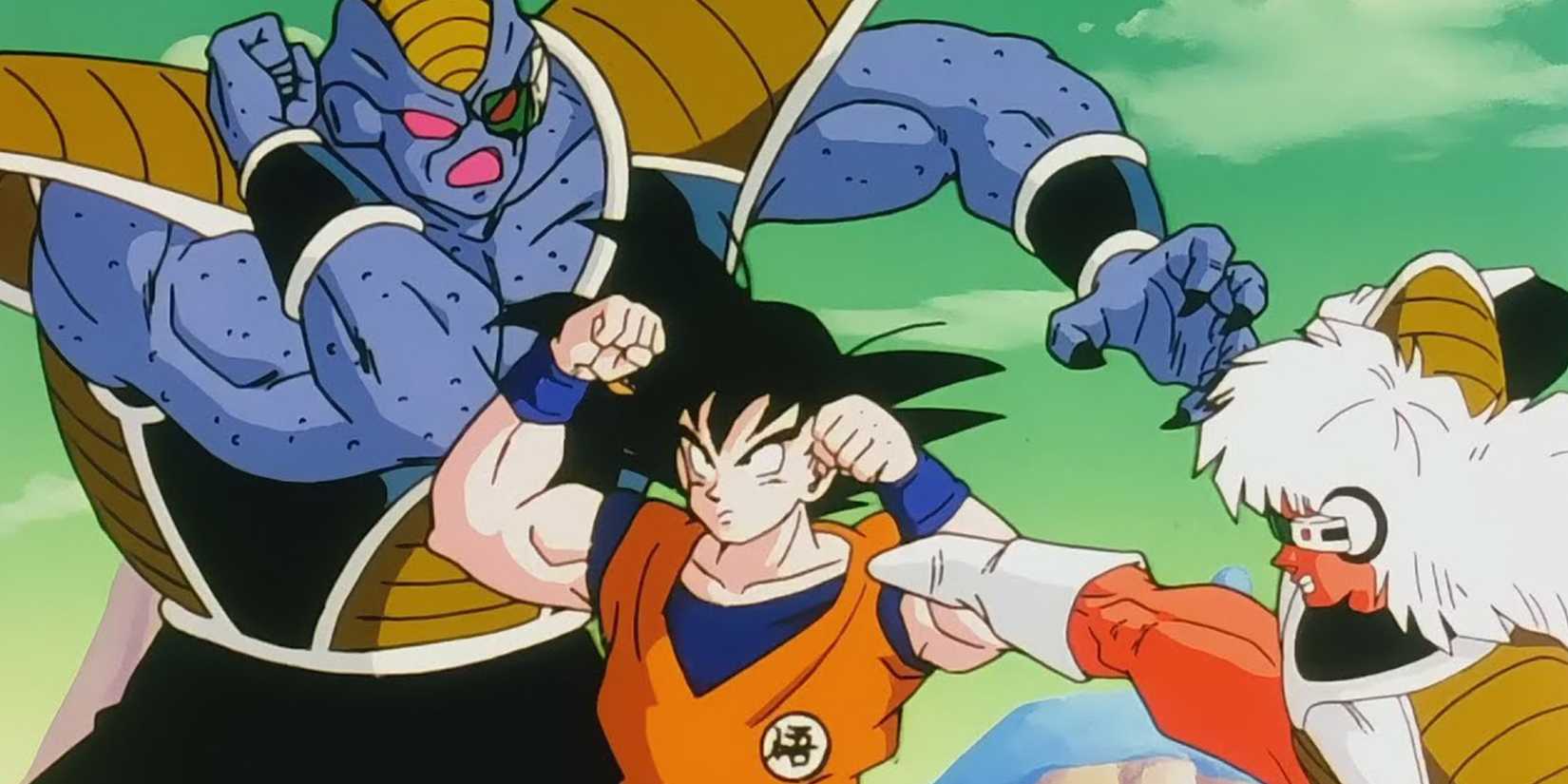 Goku takes on Burter and Jeice at once in Dragon Ball Z.