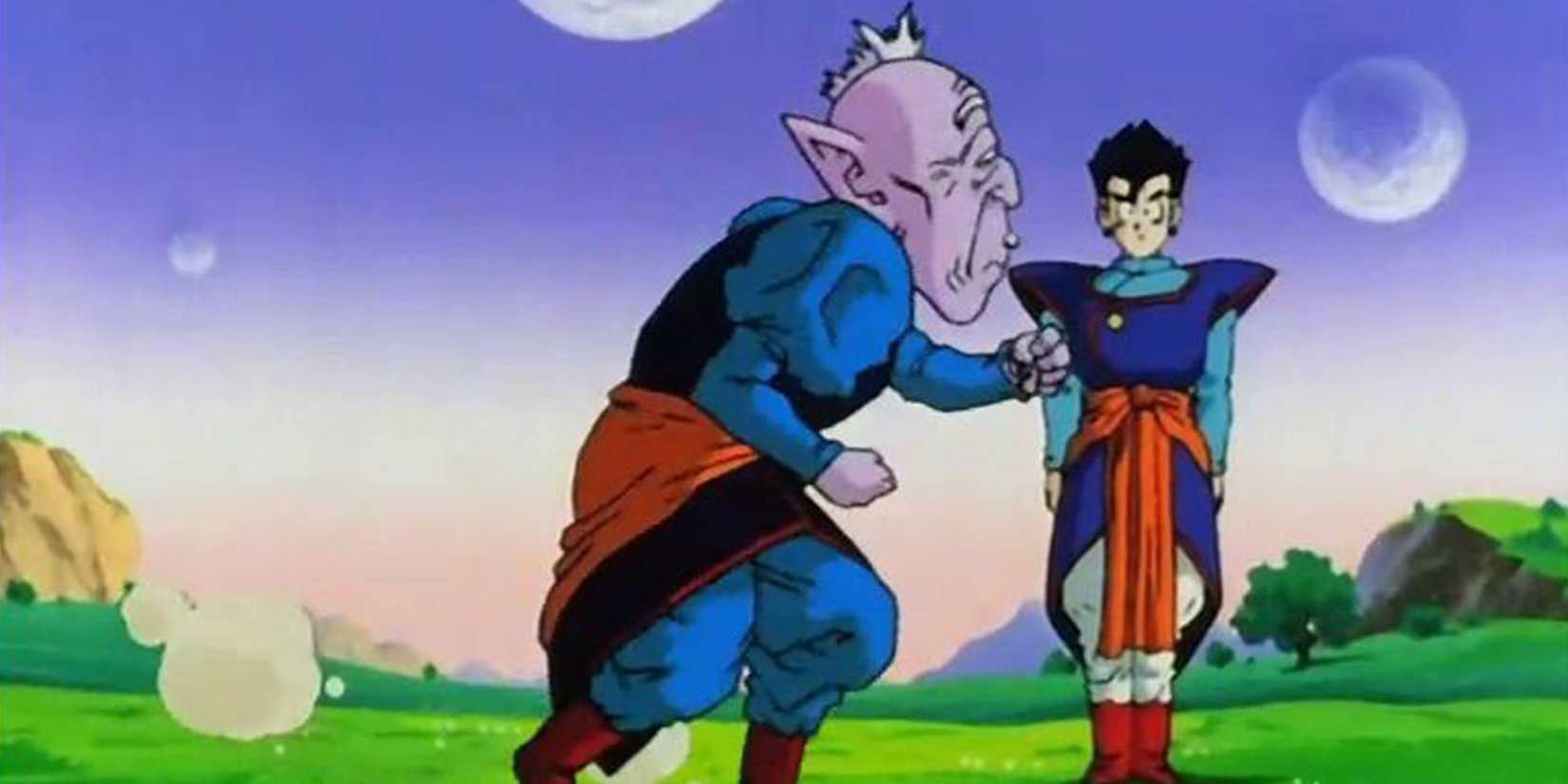 Old Kai performs unconventional movements around Gohan in Dragon Ball Z.