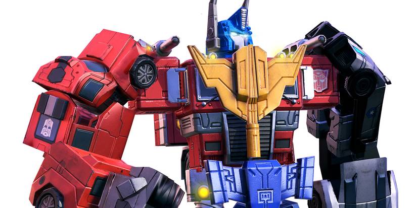 The Transformers combiner, Optimus Maximus, consisting of Optimus PRime, Ironhide, Prowl, Mirage, and Sunstreaker