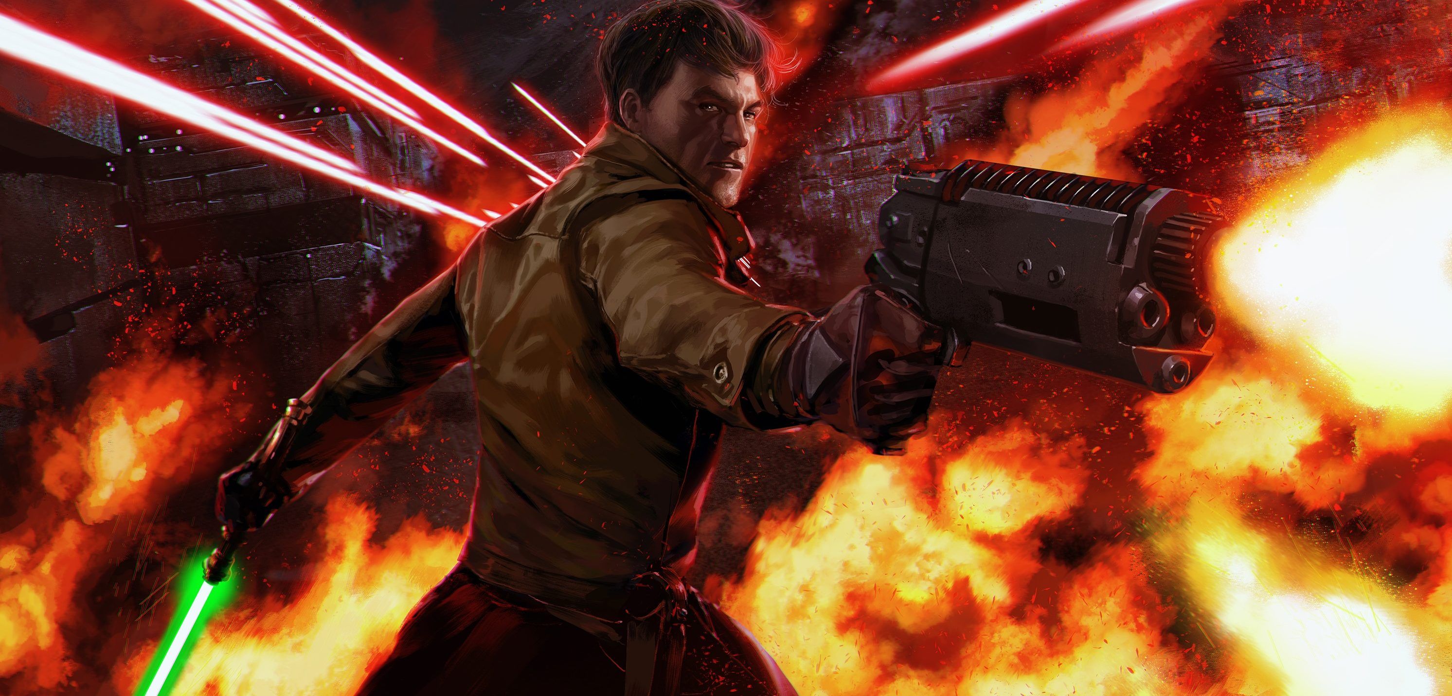 Kyle Katarn pointing a blaster offscreen, holding a green lightsaber in his left had as plasma bolts and fire burst from the background. 