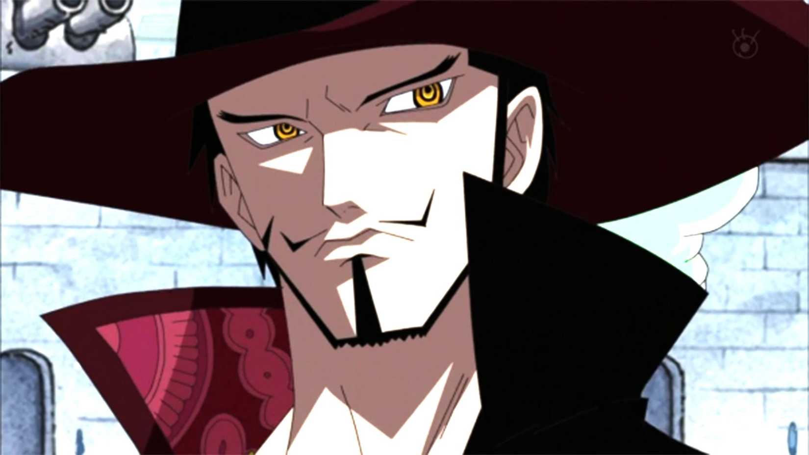 Mihawk affiche un visage neutre, les yeux tournés vers le côté dans One Piece