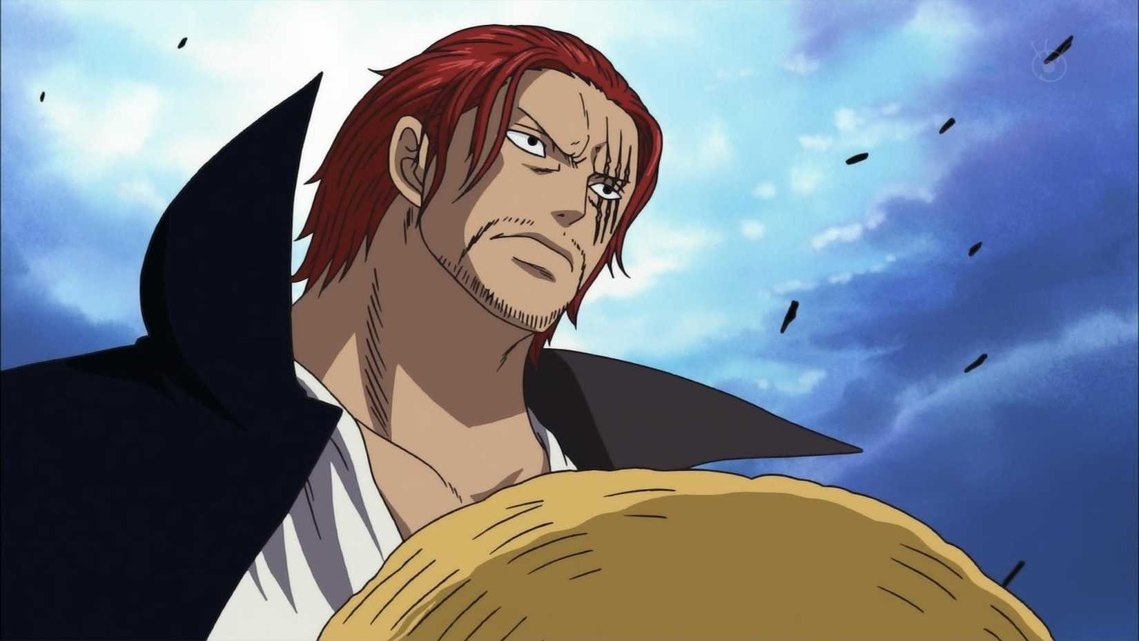 Shanks holding a straw hat in front of him in One Piece