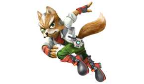 Fox McCloud from Star Fox poses in a lunge as he appears in Super Smash Bros.