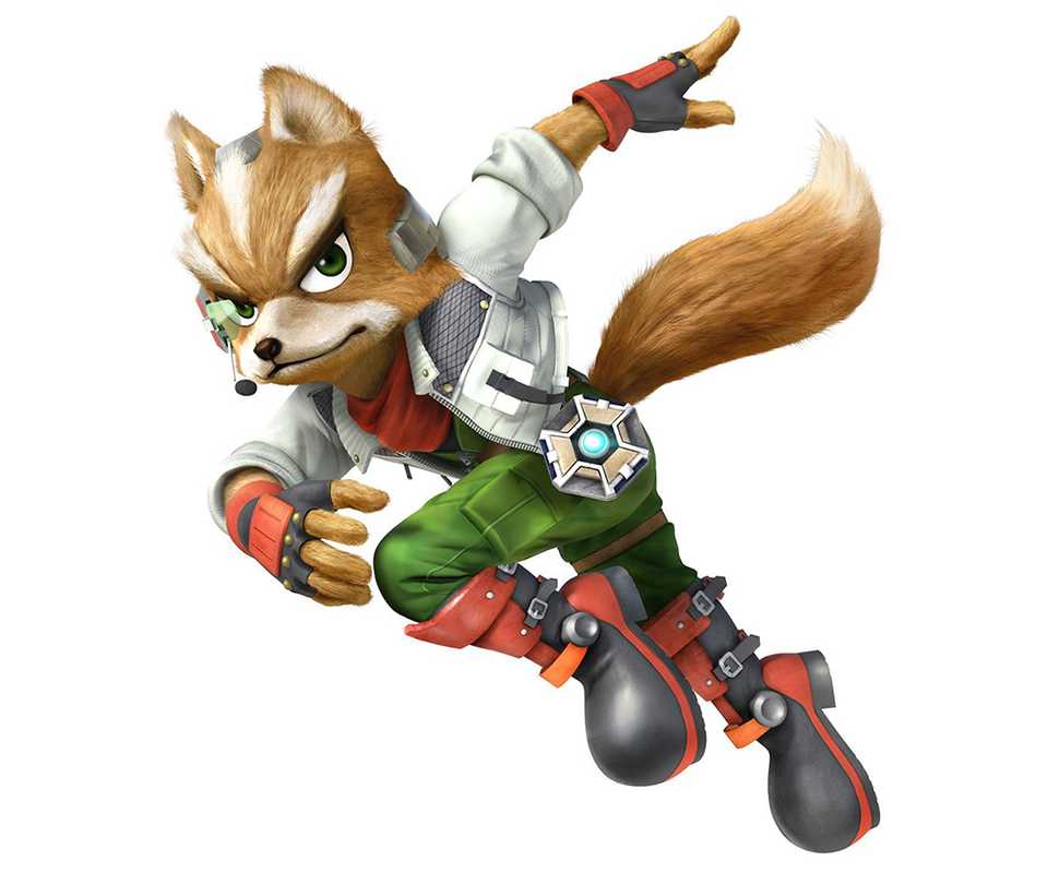 Fox McCloud from Star Fox poses in a lunge as he appears in Super Smash Bros.