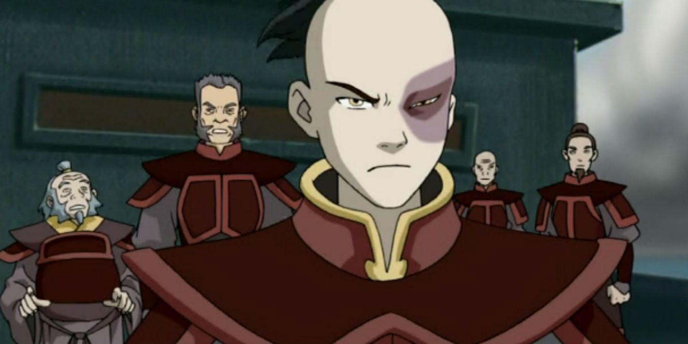 On board a Fire Nation ship, Zuko stands in the foreground wearing dark red armour with a gold trim. He has a dark purple mark like a bruise over one eye, and a fearsome expression. Behind him stand Uncle Iroh and three other Fire Nation soldiers, wearing the same armour.