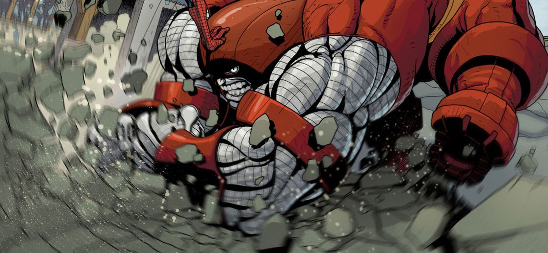 Colossus/Juggernaut colidindo contra concreto nas HQs da Marvel.