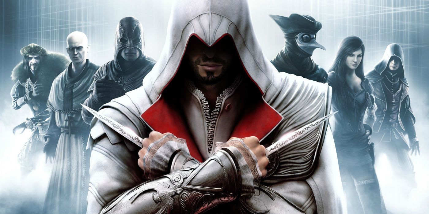 Ezio segurando duas facas na frente de outros personagens do Assassin's Creed Brotherhood