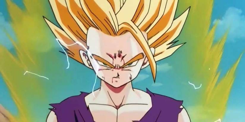 Gohan after achieving Super Saiyan 2, staring down Cell in a cold rage in Dragon Ball Z.