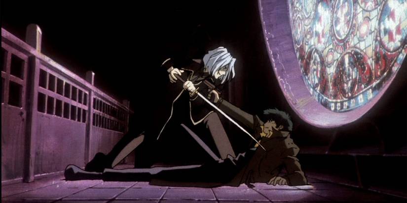 Vicious points a sword at Spike Spiegel in Cowboy Bebop