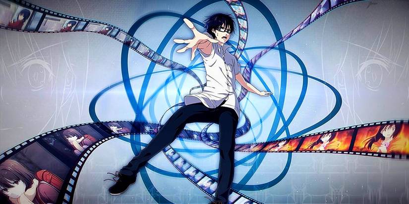 Satoru surrounding by film strips of his own memories in the Erased anime.