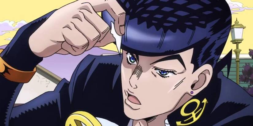Josuke Higashikata looking suspiciously at a scrap of paper.