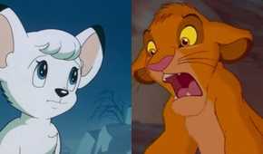 A split image of Kimba, The White Lion and Simba from The Lion King.