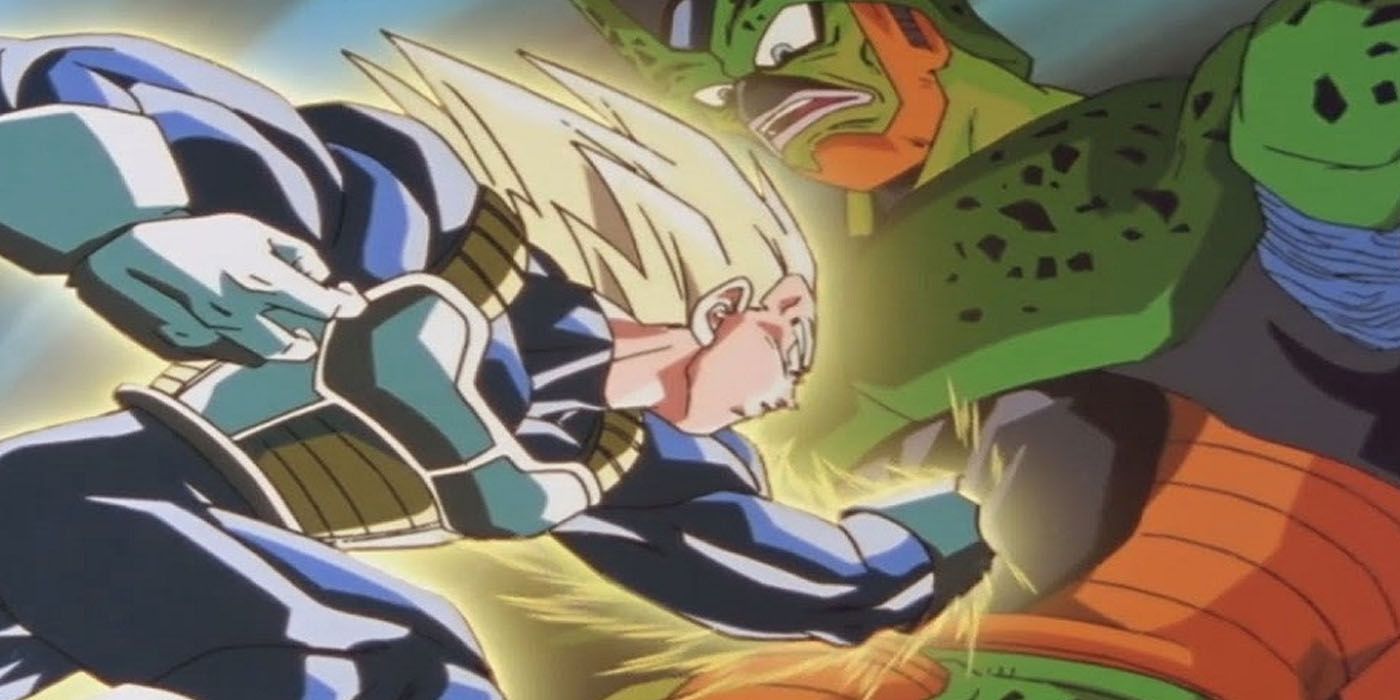 Super Vegeta hits a semi-perfect cell in the stomach in Dragon Ball Z.