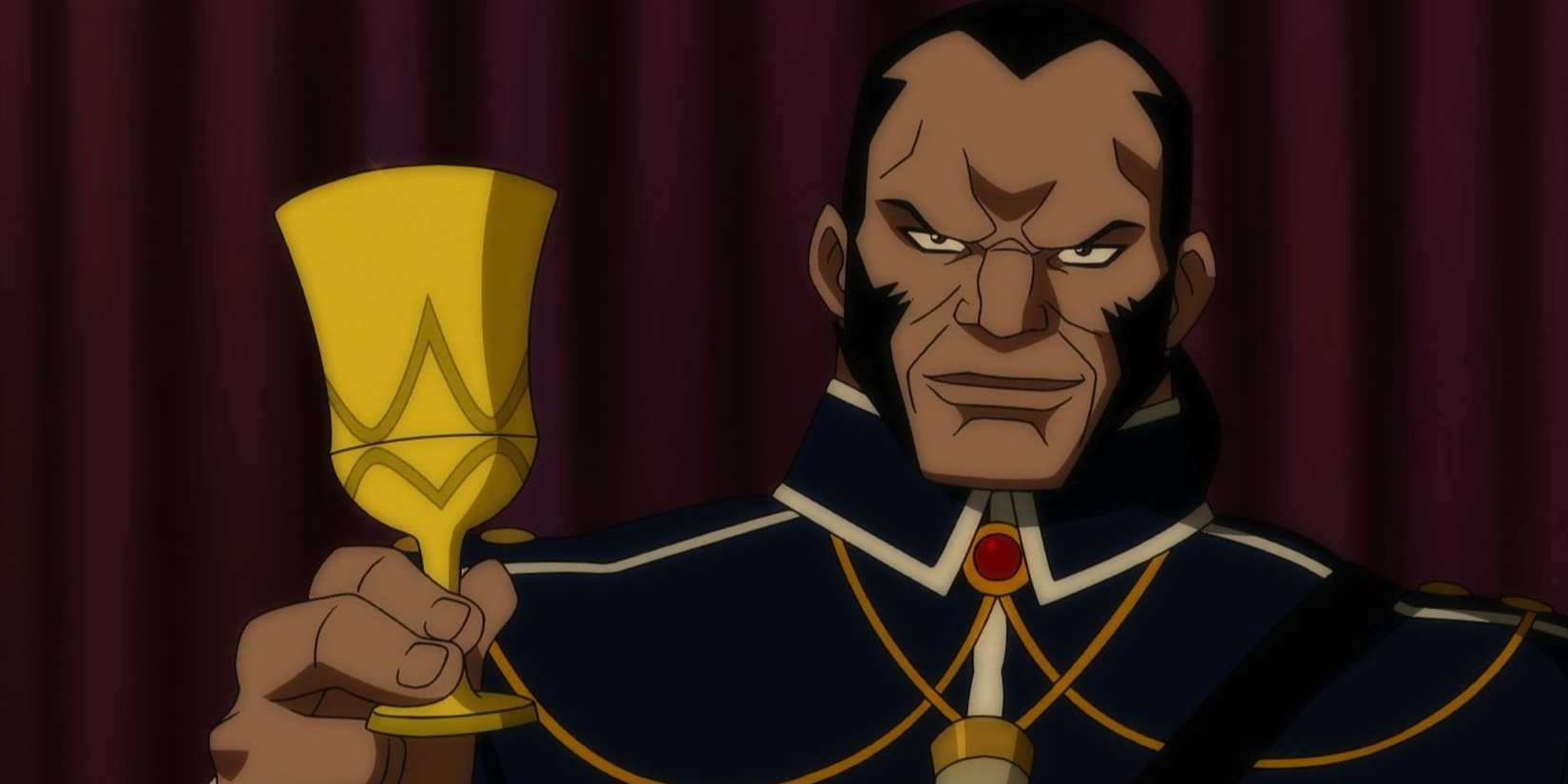 Vandal Savage makes an arrogant grin while holding up a chalice to drink from