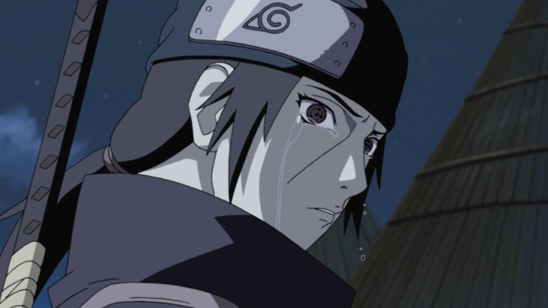 Naruto's Itachi Uchiha crying as he looks back over his shoulder
