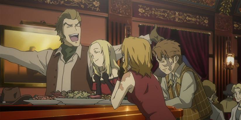 Isaac, Miria, Jacuzzi and Chane smiling in a bar in Baccano