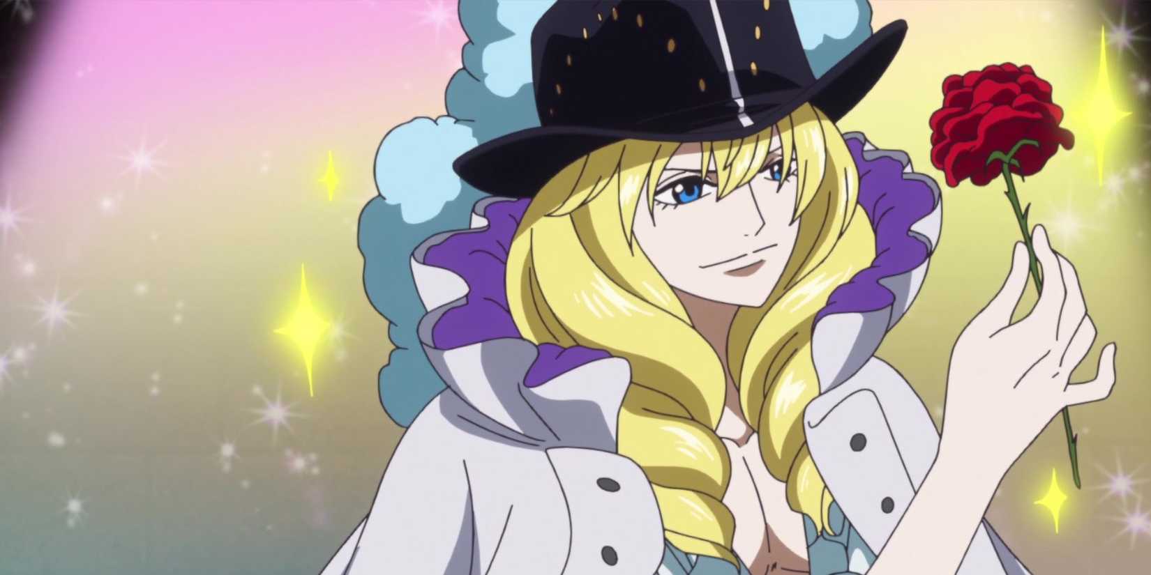 Cavendish tient une rose alors qu'il se tient devant un fond scintillant pendant l'arc Dressrosa de One Piece.