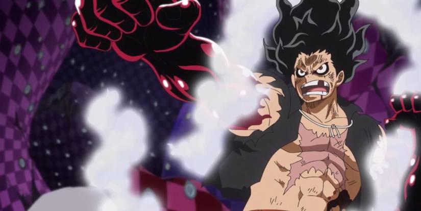 Luffy utilise Gear 4th : Snake Man sur Katakuri pendant l'arc Whole Cake Island de One Piece.