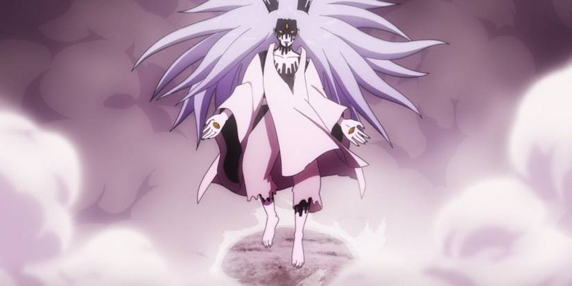 Momoshiki Otsutsuki is standing with a cloud of smoke around him in Naruto.