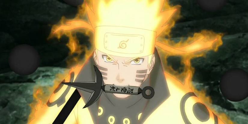 Naruto Uzumaki en mode Sage Six Chemins avec un kunai dans la bouche dans Naruto : Shippuden