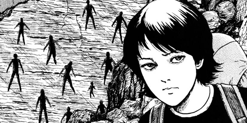 Human-shaped holes line a mountain wall in Junji Ito's "The Enigma of Amigara Fault."
