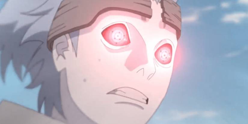 Urashiki Otsutsuki's glowing Rinnegan in Naruto.