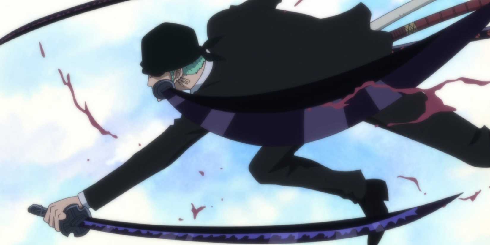 Zoro using his three swords against Pica during One Piece's Dressrosa arc