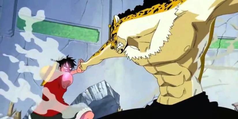 Luffy squaring off with Rob Lucci in Enies Lobby