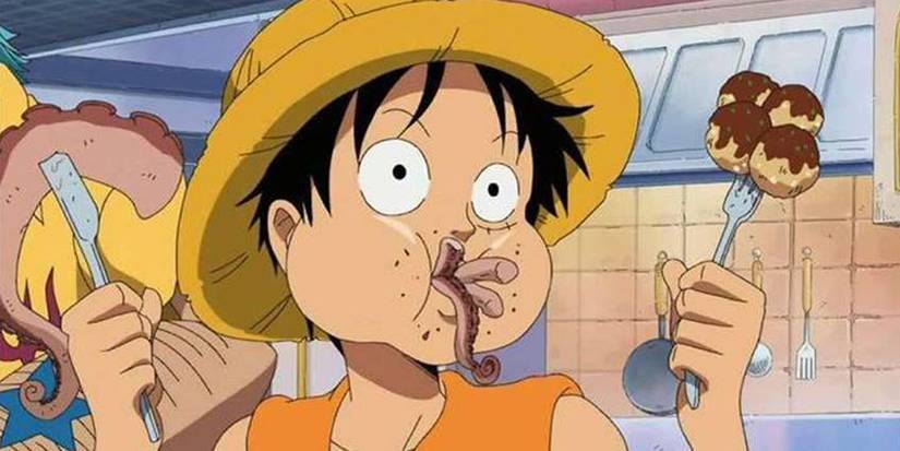 Monkey D Luffy eating his fill during One Piece