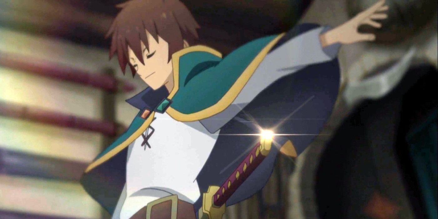 Kazuma Sato de Konosuba parecendo um verdadeiro aventureiro.